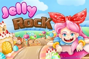 Ilustrovaná postava s ružovými vlasmi a veľkou mašľou v sladkom candy svete s nápisom Jelly Rock