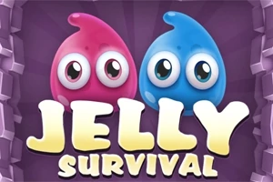 Dve postavičky pripomínajúce želé, jedna ružová a druhá modrá, s veľkými očami na fialovom pozadí s nápisom Jelly Survival