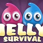 Dve postavičky pripomínajúce želé, jedna ružová a druhá modrá, s veľkými očami na fialovom pozadí s nápisom Jelly Survival