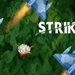 Bojové lietadlá lietajúce nad zeleným terénom s výbuchmi a nápisom STRIKE