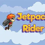 Dvaja kreslení hrdinovia s tryskami na chrbtoch letia po oboch stranách nápisu Jetpack Rider na modrej oblohe s oblakmi