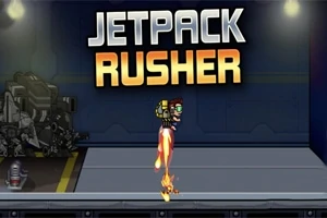 Postava používajúca jetpack lieta nad kovovou podlahou v tmavom priemyselnom prostredí s názvom Jetpack Rusher v hornej časti