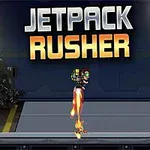 Postava používajúca jetpack lieta nad kovovou podlahou v tmavom priemyselnom prostredí s názvom Jetpack Rusher v hornej časti