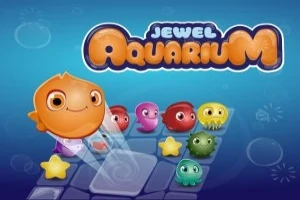 Farebná vodná postava vedúca skupinku ďalších farebných postáv na modrej podložke s názvom Jewel Aquarium