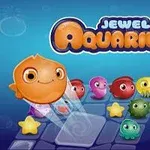 Farebná vodná postava vedúca skupinku ďalších farebných postáv na modrej podložke s názvom Jewel Aquarium
