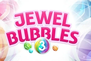 Ružový text JEWEL BUBBLES 3 s farebnými bublinami na bielom pozadí