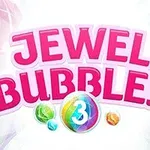 Ružový text JEWEL BUBBLES 3 s farebnými bublinami na bielom pozadí