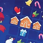 Snehuliak, perníkové domčeky, darčeky, candy palice a text Jewel Christmas Mania na modrom pozadí