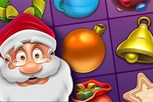 Kreslený Santa Claus s červenou čiapkou a bielou bradou vedľa vianočných ozdôb na fialovom pozadí