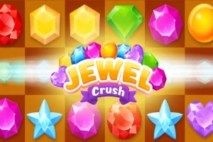 Farebné drahokamy rôznych tvarov a nápis Jewel Crush na farebnom pozadí