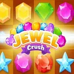 Farebné drahokamy rôznych tvarov a nápis Jewel Crush na farebnom pozadí