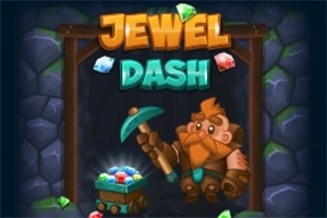 Trpaslík s hnedej bradou a krompáčom stojí vedľa vozíka plného žiarivých drahokamov pred nápisom JEWEL DASH