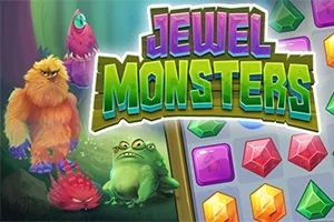 Farební kreslení monštrá v lese vedľa hracieho poľa s drahokamami a nápisom Jewel Monsters