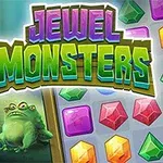 Farební kreslení monštrá v lese vedľa hracieho poľa s drahokamami a nápisom Jewel Monsters
