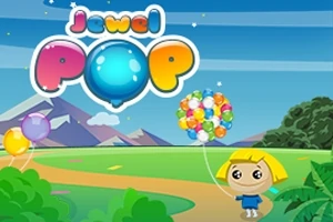 Dievčatko s blond vlasmi drží farebné balóny na lúke s horami v pozadí a nápisom Jewel Pop na oblohe