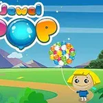 Dievčatko s blond vlasmi drží farebné balóny na lúke s horami v pozadí a nápisom Jewel Pop na oblohe