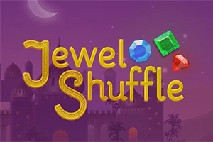 Fialové pozadie s textom „Jewel Shuffle“ a tromi farebnými drahokamami