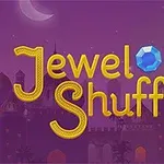 Fialové pozadie s textom „Jewel Shuffle“ a tromi farebnými drahokamami