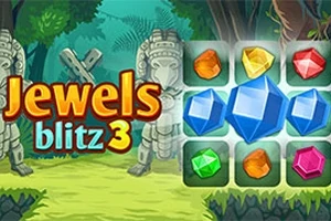 Nápis Jewels blitz 3 vedľa farebných drahokamov v džungľovom prostredí so sochami