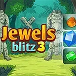 Nápis Jewels blitz 3 vedľa farebných drahokamov v džungľovom prostredí so sochami