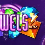 Farebné drahokamy v rôznych tvaroch na fialovom pozadí s nápisom Jewels Blitz