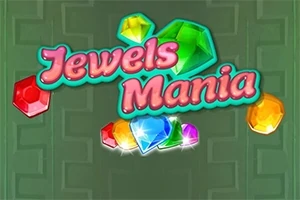 Farebné drahokamy a nápis Jewels Mania na zelenom pozadí