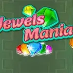 Farebné drahokamy a nápis Jewels Mania na zelenom pozadí