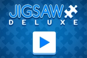 Modrá obrazovka s nápisom „Jigsaw Deluxe“ a bielym tlačidlom prehrávania s modrou šípkou