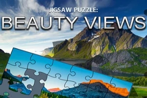 Puzzle s názvom Beauty Views zobrazuje horskú krajinu so zasneženými vrcholmi a modrou oblohou