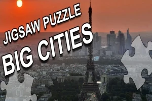 Večerný pohľad na Eiffelovu vežu v Paríži s oranžovou oblohou a puzzle prvkami v popredí