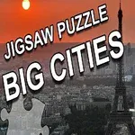 Večerný pohľad na Eiffelovu vežu v Paríži s oranžovou oblohou a puzzle prvkami v popredí