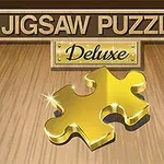 Drevené pozadie s nápisom Jigsaw Puzzle Deluxe a zlatým dielikom skladačky v popredí