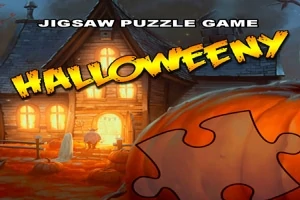 Strašidelný dom s vyrezávanou tekvicou a nápisom Halloweeny v oranžovom písme na pozadí