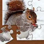 Puzzle s obrázkom veveričky držiacej orech na zasneženom pozadí, s chýbajúcim dielikom v dolnej časti na hnedých stolíku s vločkami