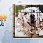 Puzzle obrázok psa s bielou srsťou a vyplazeným jazykom