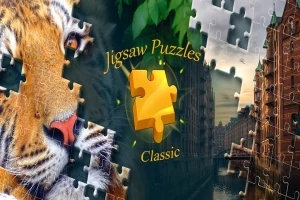 Puzzle s obrázkami tigra a historických budov vedľa kanálu, s logom v strede