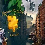 Puzzle s obrázkami tigra a historických budov vedľa kanálu, s logom v strede