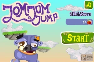 Farebná kreslená scéna s veľkým modrým príšerou, názvom hry JomJom Jump, zeleným tlačidlom Start a lietajúcimi ostrovmi na oblohe