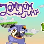 Farebná kreslená scéna s veľkým modrým príšerou, názvom hry JomJom Jump, zeleným tlačidlom Start a lietajúcimi ostrovmi na oblohe