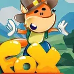 Kreslená líška v klobúku stojí s rozpaženými rukami pred lesným pozadím s nápisom „Fox“ v popredí