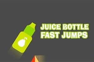 Fľaša džúsu so symbolom hrušky vedľa nápisu JUICE BOTTLE FAST JUMPS na tmavom pozadí