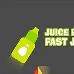 Fľaša džúsu so symbolom hrušky vedľa nápisu JUICE BOTTLE FAST JUMPS na tmavom pozadí