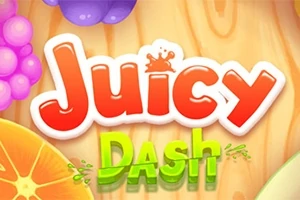 Farebné logo s nápisom Juicy Dash na drevenom pozadí, obklopené ovocím ako sú pomaranče a hrozno