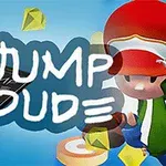 Farebná ilustrácia s karikatúrnou postavou v červenej čiapke, okolo ktorého lietajú žlté kryštály a vedľa je zobrazený smartphone s nápisom Jump Dude