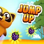 Roztomilý kreslený mýval na svetlom pozadí s lesom a dvoma ostružinami vedľa nápisu Jump Up