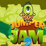Farebná kreslená postavička s jedným okom stojí nad textom Jumper Jam 2 na pozadí s výraznými zelenými a žltými farbami