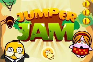 Farebný obrázok s logom Jumper Jam, postavičkou nosiacou okuliare a kravatou, ďalšou postavičkou s červenou sukňou, pavúkom na pavučine a tromi mincami