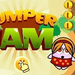 Farebný obrázok s logom Jumper Jam, postavičkou nosiacou okuliare a kravatou, ďalšou postavičkou s červenou sukňou, pavúkom na pavučine a tromi mincami