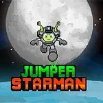 Postava s anténkami na prilbe skáče pred veľkým mesiacom, s textom Jumper Starman v popredí
