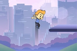 Chlapec s blond vlasmi skáče vo vzduchu pred mestskou panorámou s fialovým a modrým pozadím